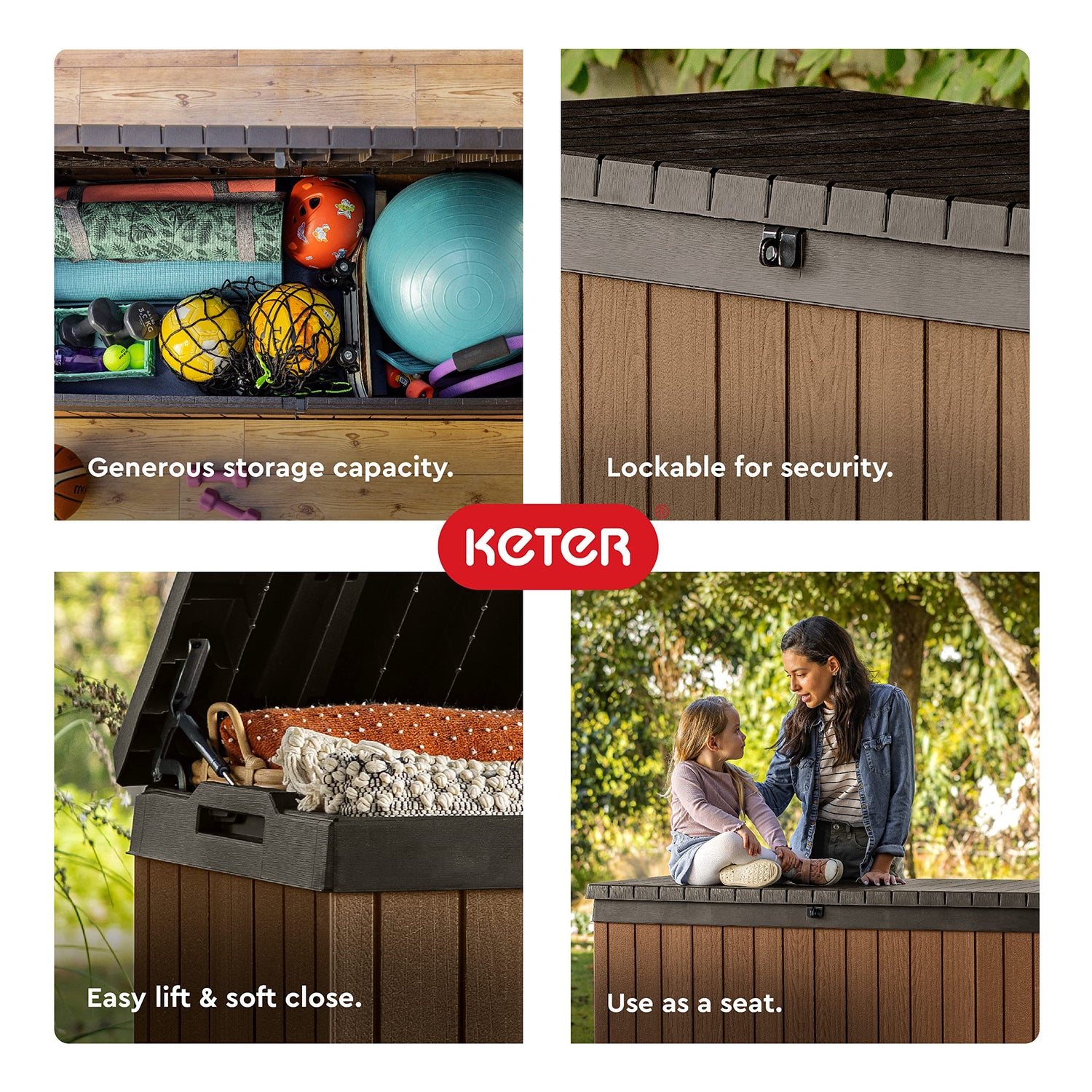 Keter Darwin 150 Gallon Resin Large Deck Box - Organization and Storage for Patio Furniture, Outdoor Cushions, Garden Tools and Pool Toys, Brown & Keter