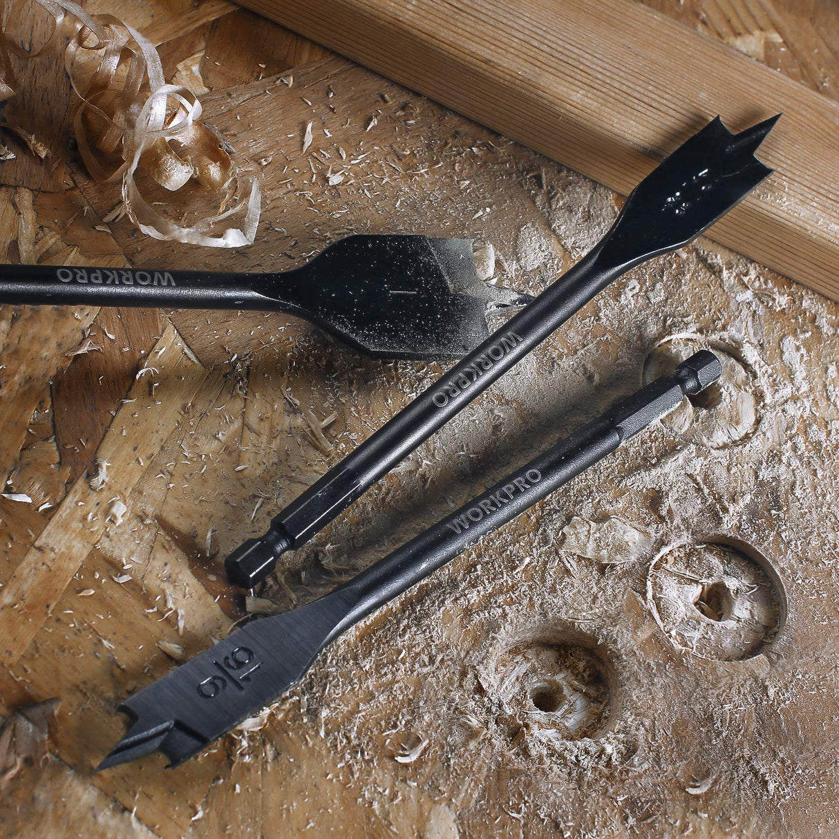 WORKPRO 10-Piece Pro Spade Drill Bit Set- Black Coating, Premium Carbon Steel, Paddle Flat Bits for Woodworking, Assorted Bits 1/4" to 1-1/2" with WORKPRO