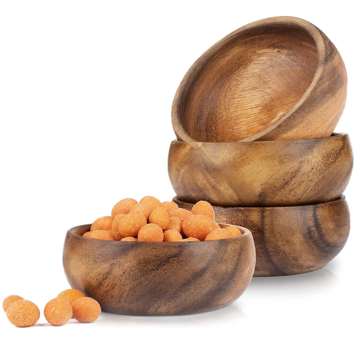 cintika Set of 4 Round Wooden Bowl Set. 4 inch Handmade Calabash Bowl, Small Wooden Bowl Set, Nuts and Small Snacks Serving Bowls, Sauce Bowl, cintika