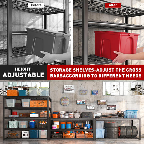 REIBII 48.2''W Garage Shelving Heavy Duty Loads 3010LBS Garage Storage Shelves Heavy Duty Shelving 5 Tier Adjustable Metal Shelving for Storage Rack REIBII