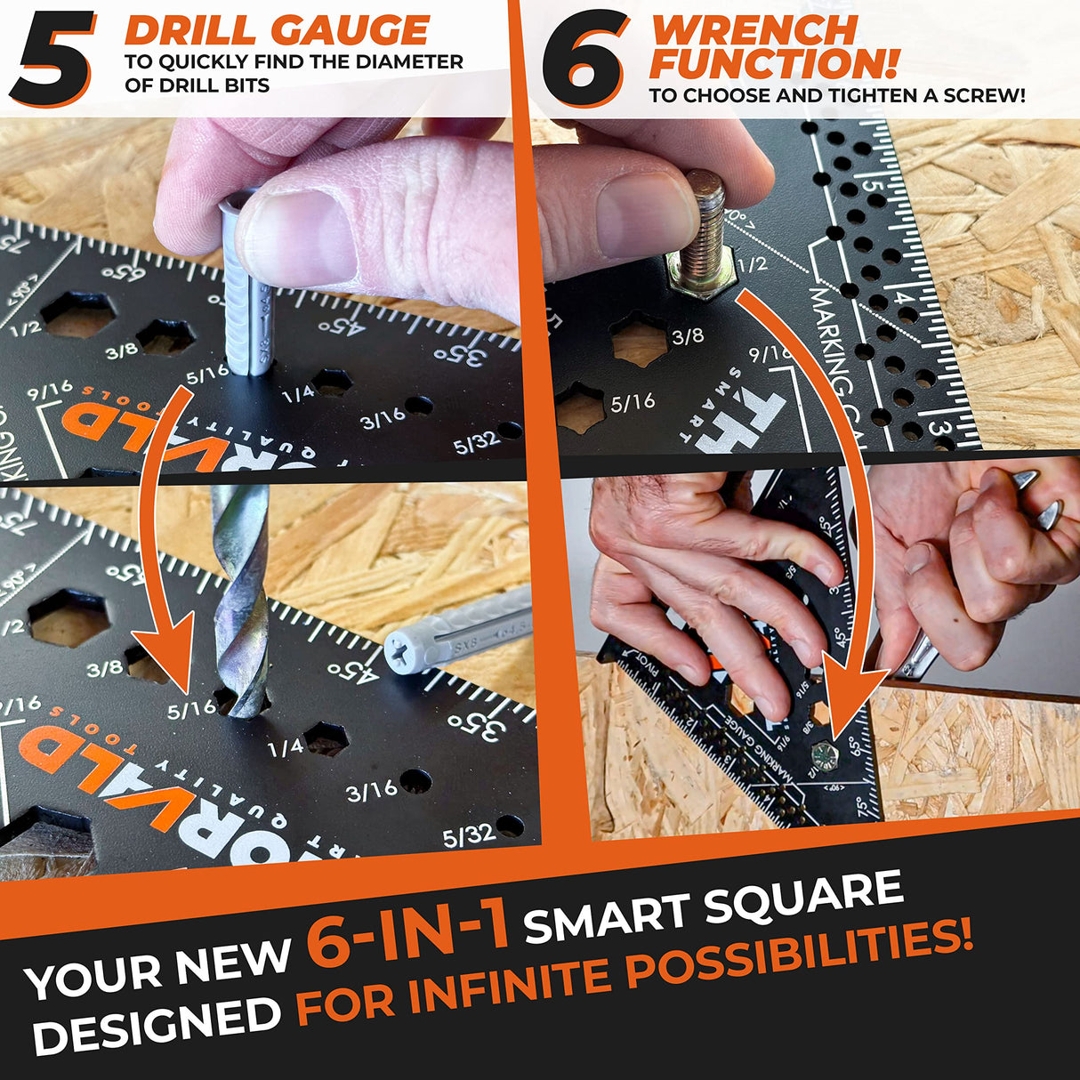 THORVALD 6-in-1 Carpenter Square - 180mm T Square Multi-Purpose Carpenter Tools with Wrench, Square, Protractor, Ruler, Graduated Marking Gauge, THORVALD