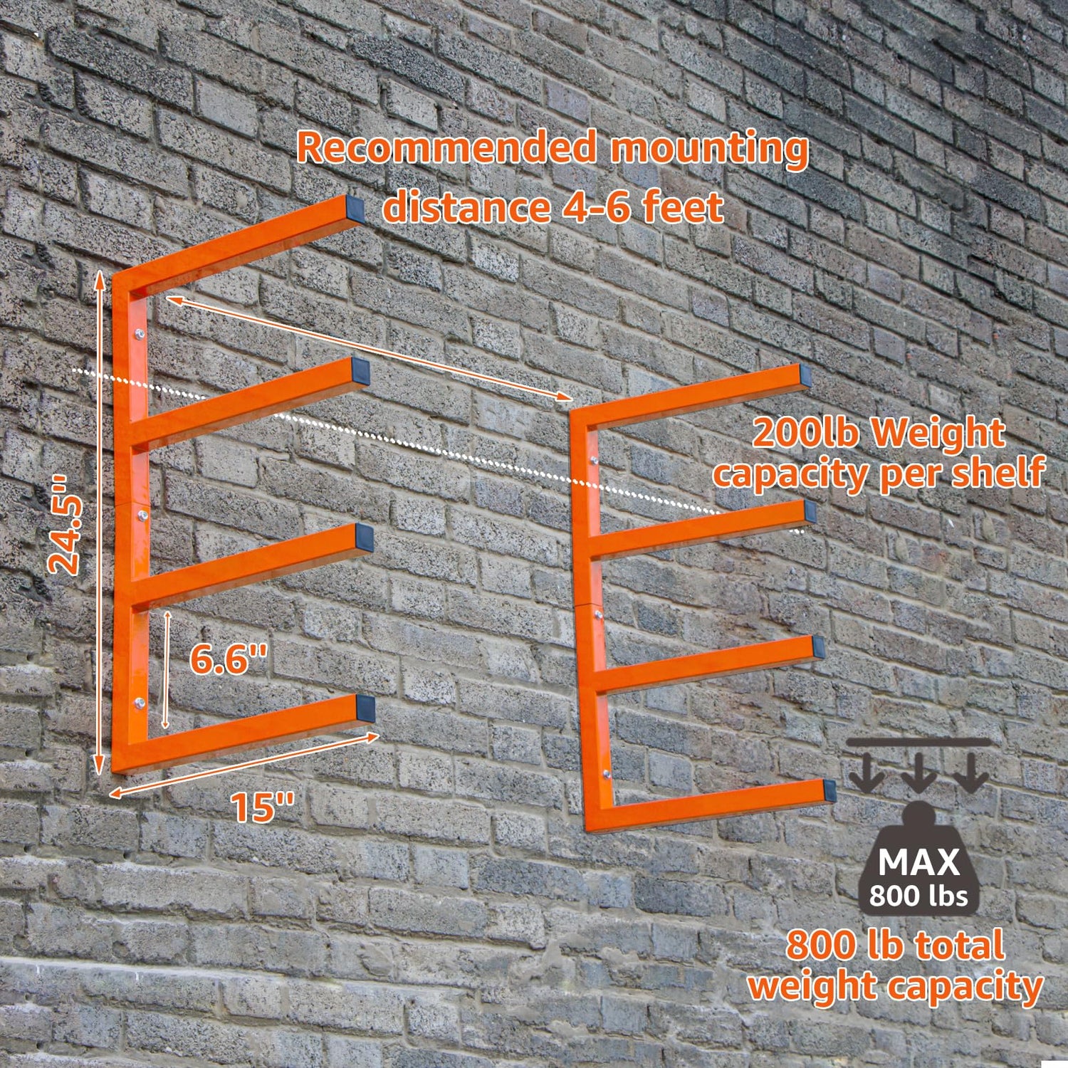 YYR Wood Organizer and Lumber Storage Rack Wall Mount, Heavy Duty Metal Shelf with 4-Level Holds Up 800 LBS, Indoor & Outdoor Use - Orange YYR