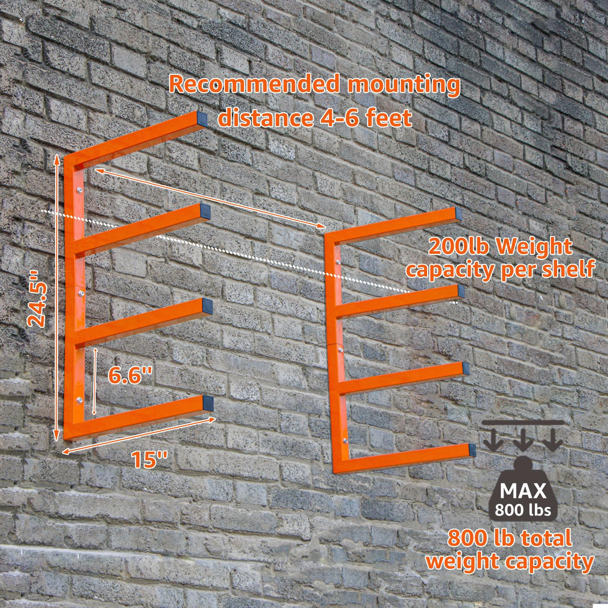 YYR Wood Organizer and Lumber Storage Rack Wall Mount, Heavy Duty Metal Shelf with 4-Level Holds Up 800 LBS, Indoor & Outdoor Use - Orange YYR