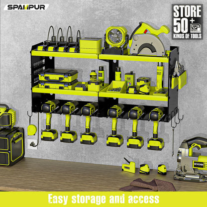 Spampur Power Tool Organizer Wall Mount with Charging Station, Tool Shelf 6 Drill Holders, Heavy Duty Metal Premium Garage Utility Rack, Cordless