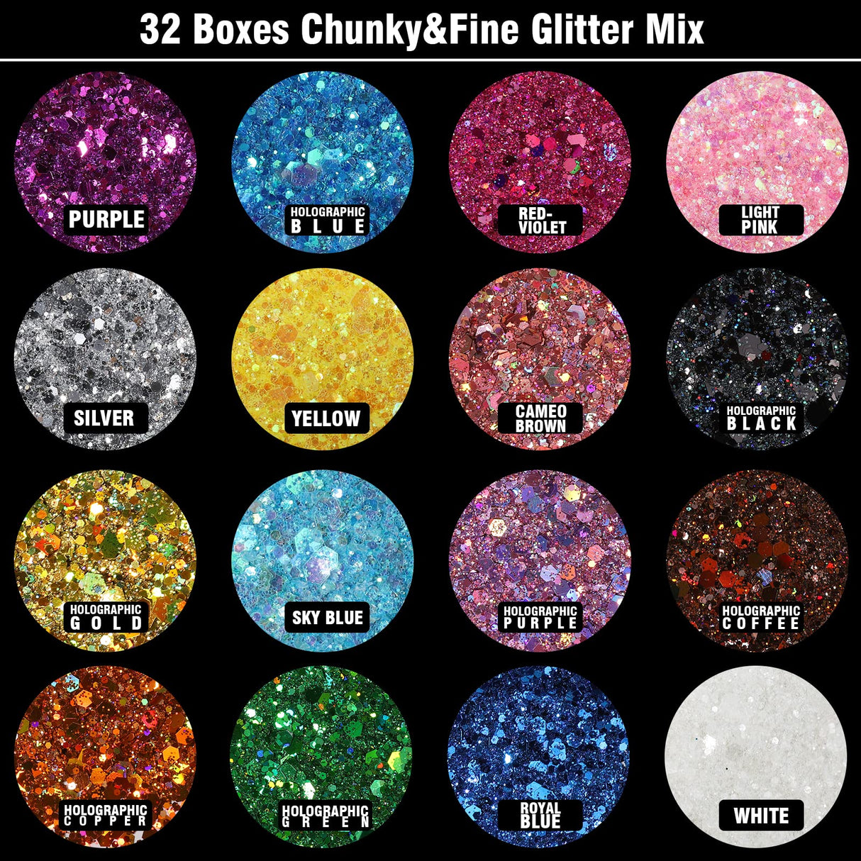 Teenitor Glitter, Rave Festival Chunky and Fine Glitter Mix,32 Colors Iridescent Loose Glitter, Cosmetic Makeup Face Body Hair Glitter Teenitor