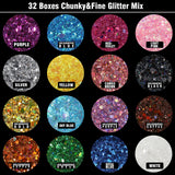 Teenitor Glitter, Rave Festival Chunky and Fine Glitter Mix,32 Colors Iridescent Loose Glitter, Cosmetic Makeup Face Body Hair Glitter Teenitor
