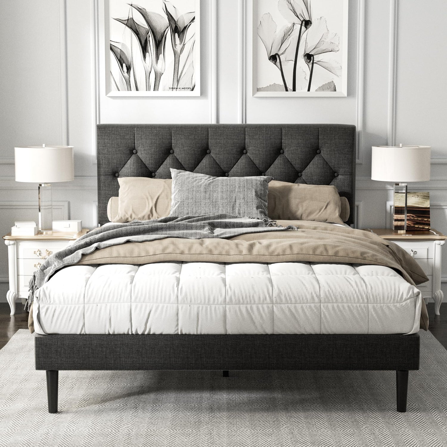 HAOARA Dark Gray Queen Size Platform Bed Frame with Upholstered Button Tufted Headboard HAOARA