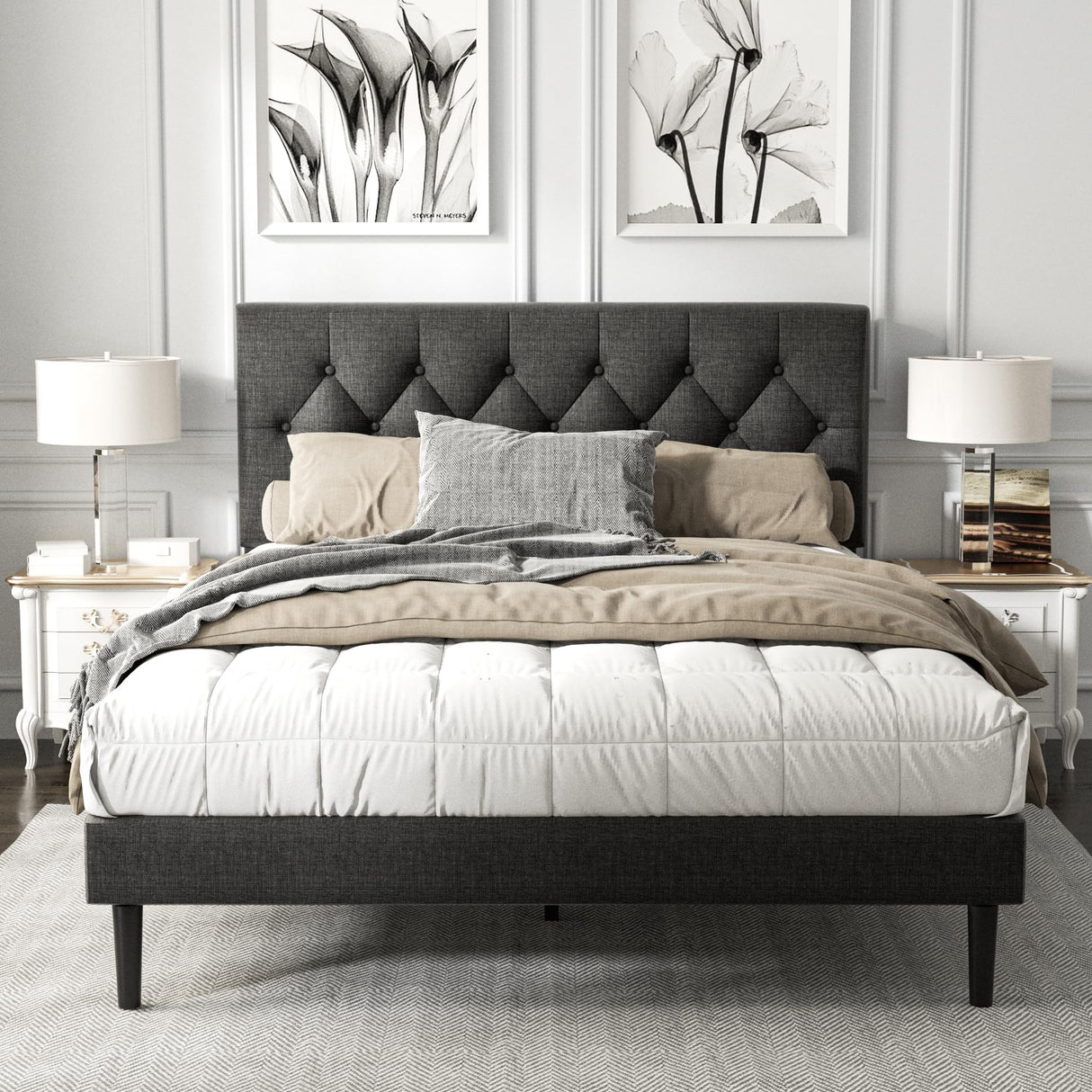 HAOARA Dark Gray Queen Size Platform Bed Frame with Upholstered Button Tufted Headboard HAOARA