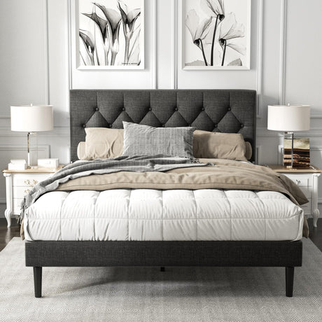 HAOARA Dark Gray Queen Size Platform Bed Frame with Upholstered Button Tufted Headboard HAOARA