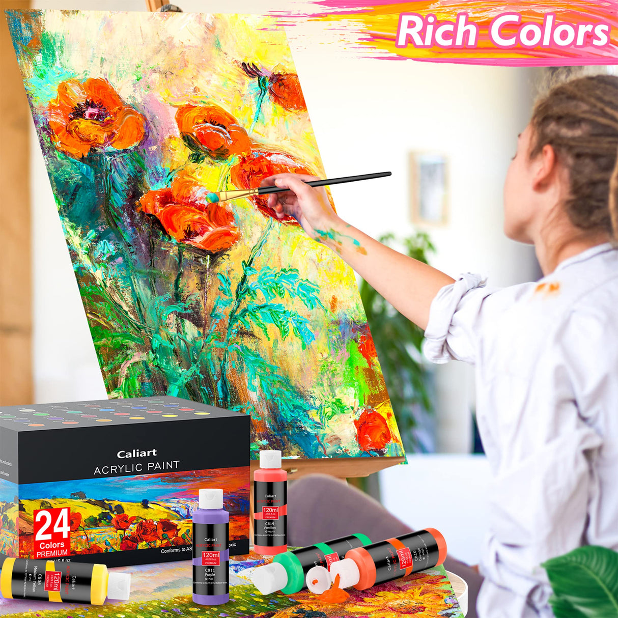Caliart Acrylic Paint Set With 12 Brushes, 24 Colors (120ml, 4oz) Art Craft Paints for Artists Kids Students Beginners & Painters, Canvas Halloween Caliart