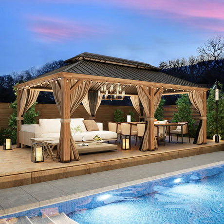 YOLENY 12' x 20' Gazebo, Hardtop Gazebo Wood-Looking Gazebo with Galvanized Steel Double Roof, Aluminum Frame, Outdoor Patio Hardtop Gazebo with YOLENY