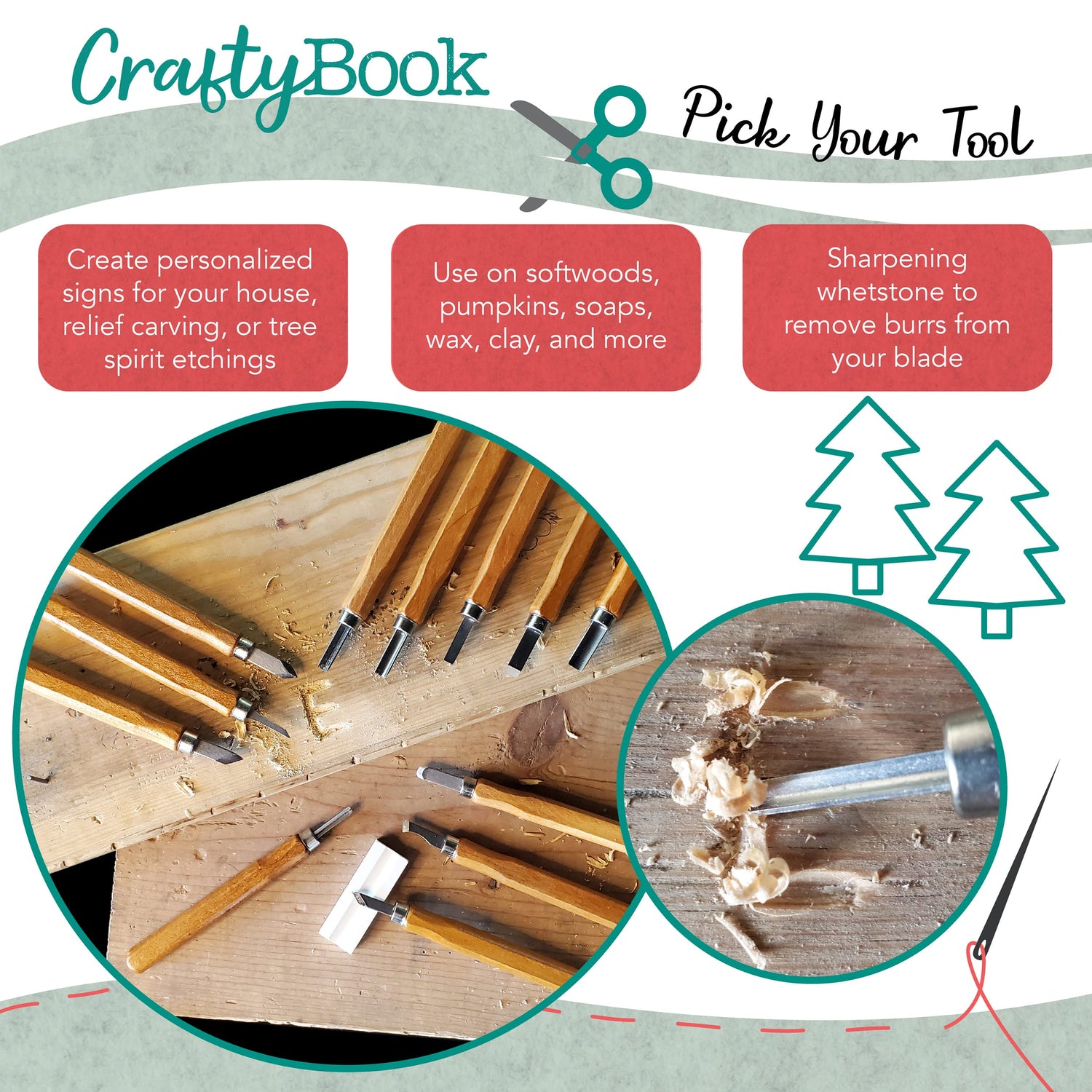 CraftyBook Wood Carving Kit - 12 Wood Carving Tools with Sharpening Whetstone and Pouch - For Expert or Novice Carvers CraftyBook