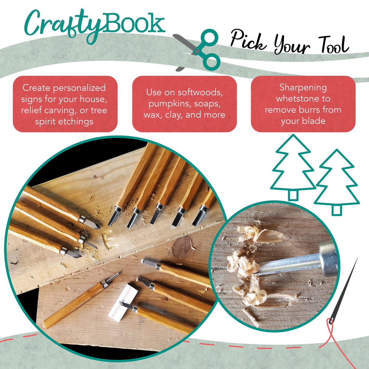 CraftyBook Wood Carving Kit - 12 Wood Carving Tools with Sharpening Whetstone and Pouch - For Expert or Novice Carvers CraftyBook
