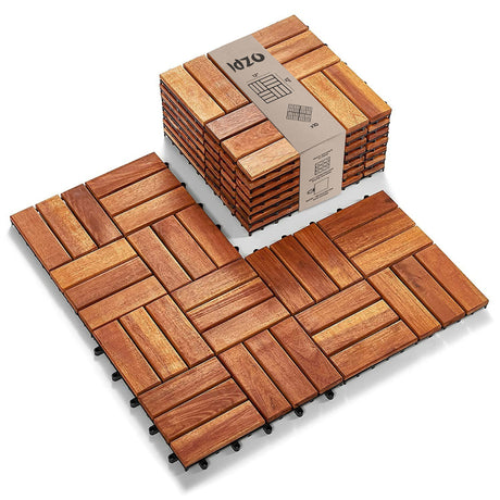 Idzo Interlocking Deck Tiles - 10PCS Waterproof Acacia Wood Patio Tiles, Flooring Tiles for Both Indoor and Outdoor - Decking Checker Pattern, 12 x IDZO