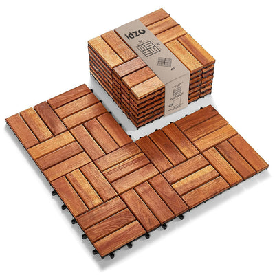 Idzo Interlocking Deck Tiles - 10PCS Waterproof Acacia Wood Patio Tiles, Flooring Tiles for Both Indoor and Outdoor - Decking Checker Pattern, 12 x