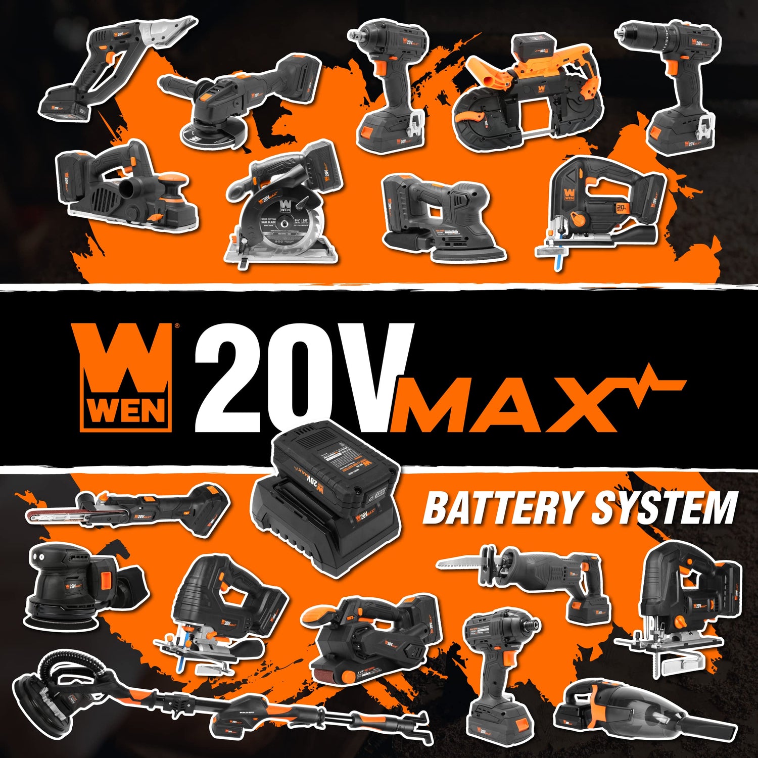 WEN Cordless Orbital Sander, Brushless with 5-Inch Random Orbit Pad, 20V Max 2.0 Ah Lithium-Ion Battery and Charger (20405),Black WEN