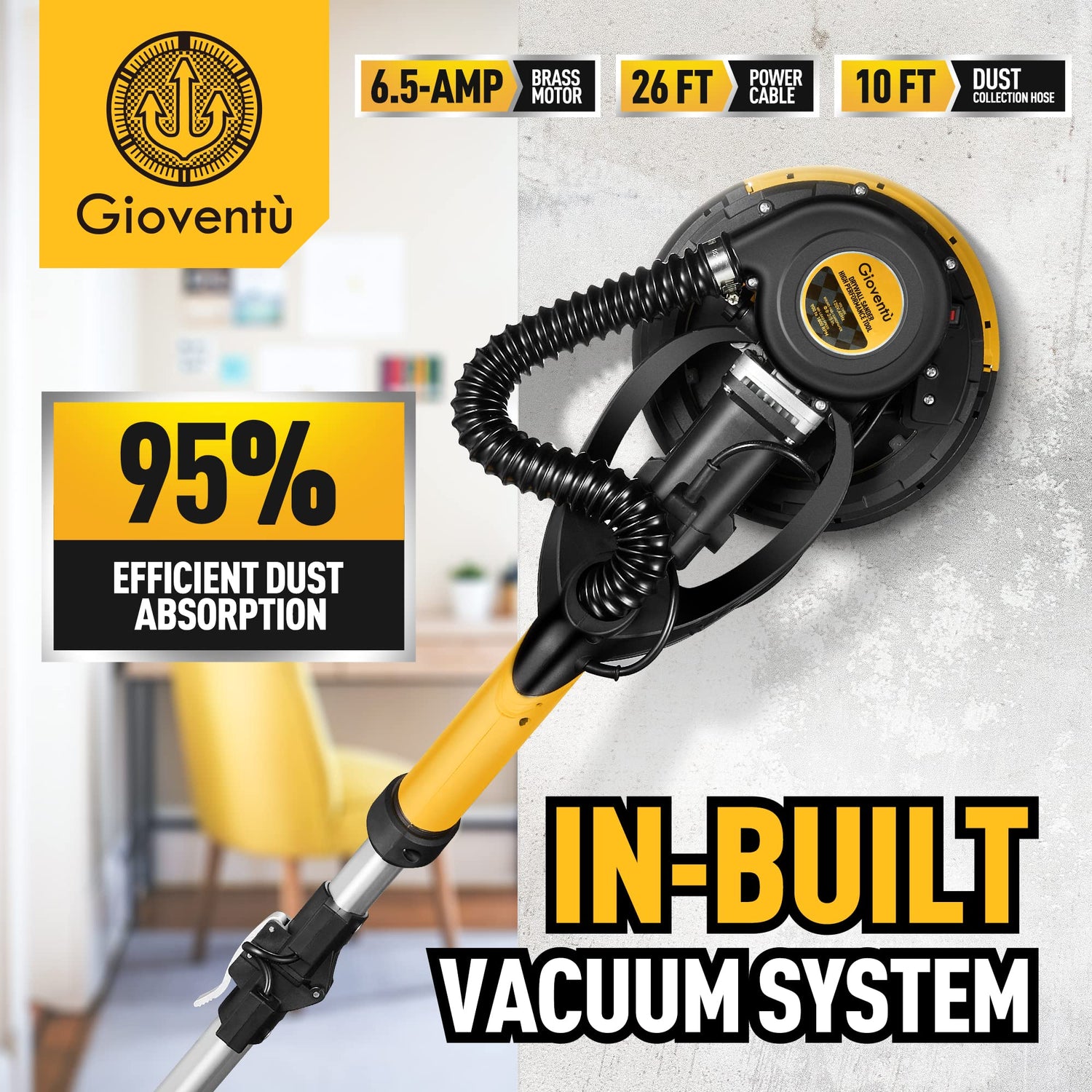 Drywall Sander, 6.5-amp Powerful Electric Drywall Sander with Vacuum, 95% Dust Absorption, 7 Variable Speed 900-1800RPM, Dustless Floor Sander with Gioventù