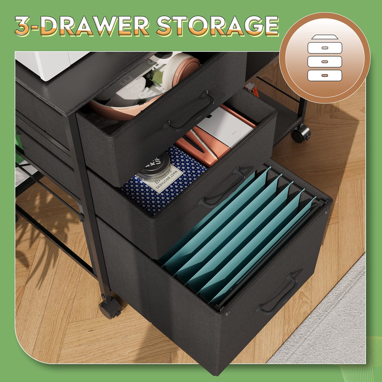 DEVAISE 3 Drawer Mobile File Cabinet, Rolling Printer Stand with Open Storage Shelf, Fabric Lateral Filing Cabinet fits A4 or Letter Size for Home DEVAISE