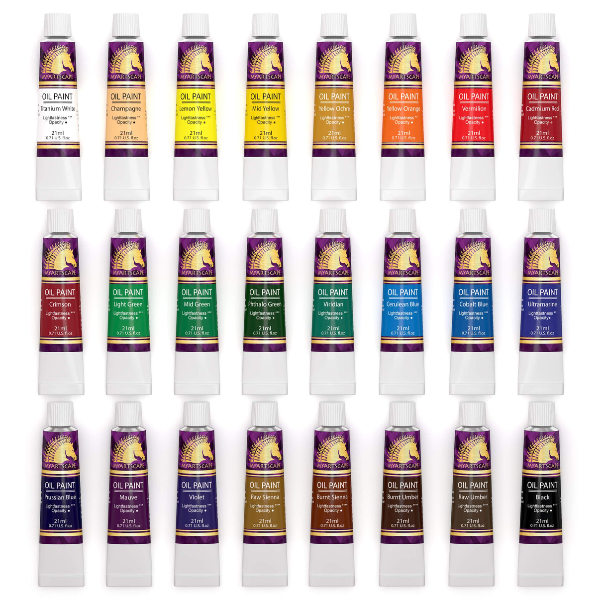 MyArtscape Oil Paint Set - 24 x 21ml Tubes - Artist Quality - Rich Vivid Oil-based Colors - Lightfast - Heavy Body - Great Saturation - Glossy Finish MyArtscape