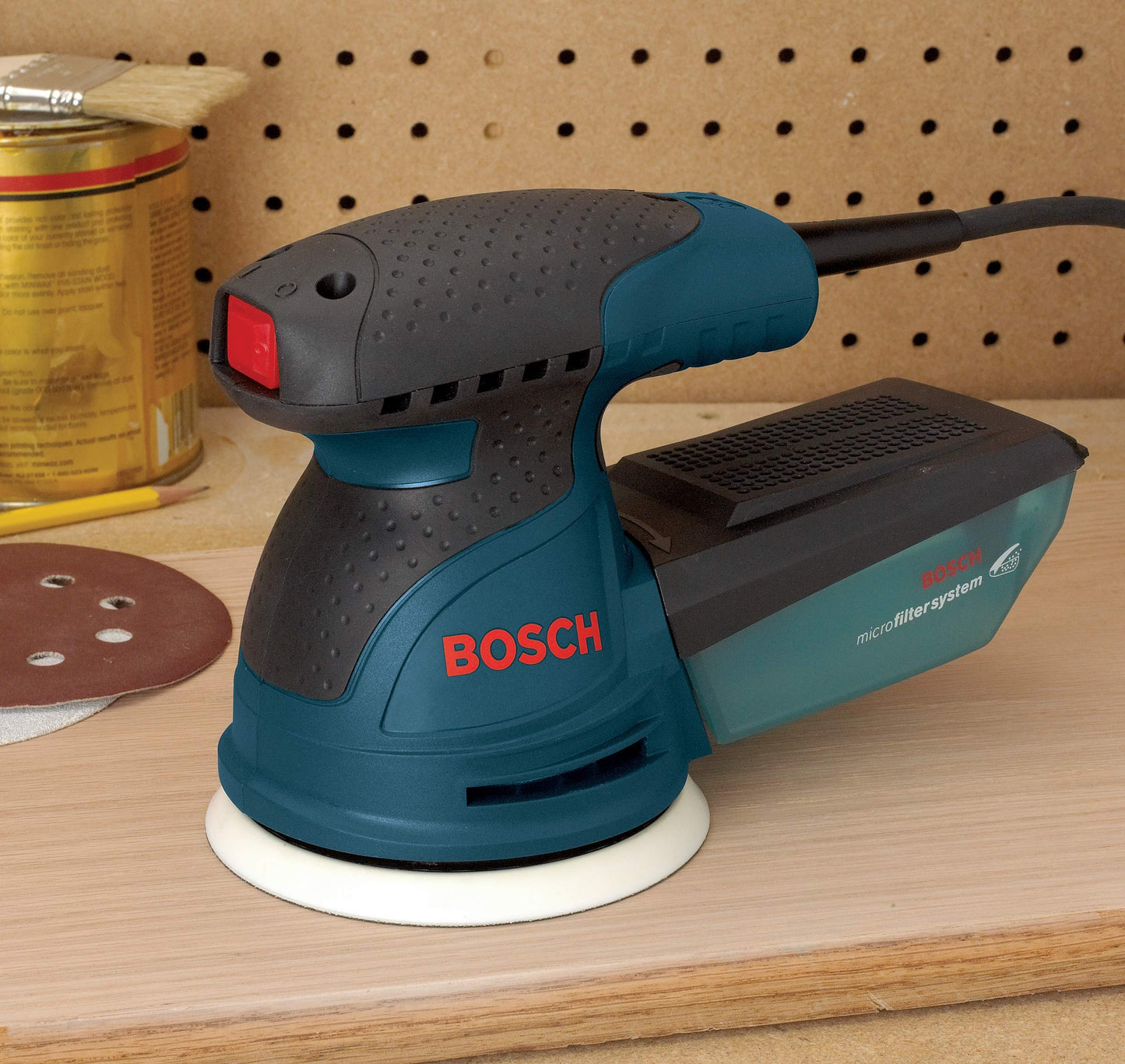 BOSCH ROS20VSC Palm Sander 2.5 Amp 5 In. Corded Variable Speed Random Orbital Sander/Polisher Kit with Dust Collector and Soft Carrying Bag, Blue - WoodArtSupply