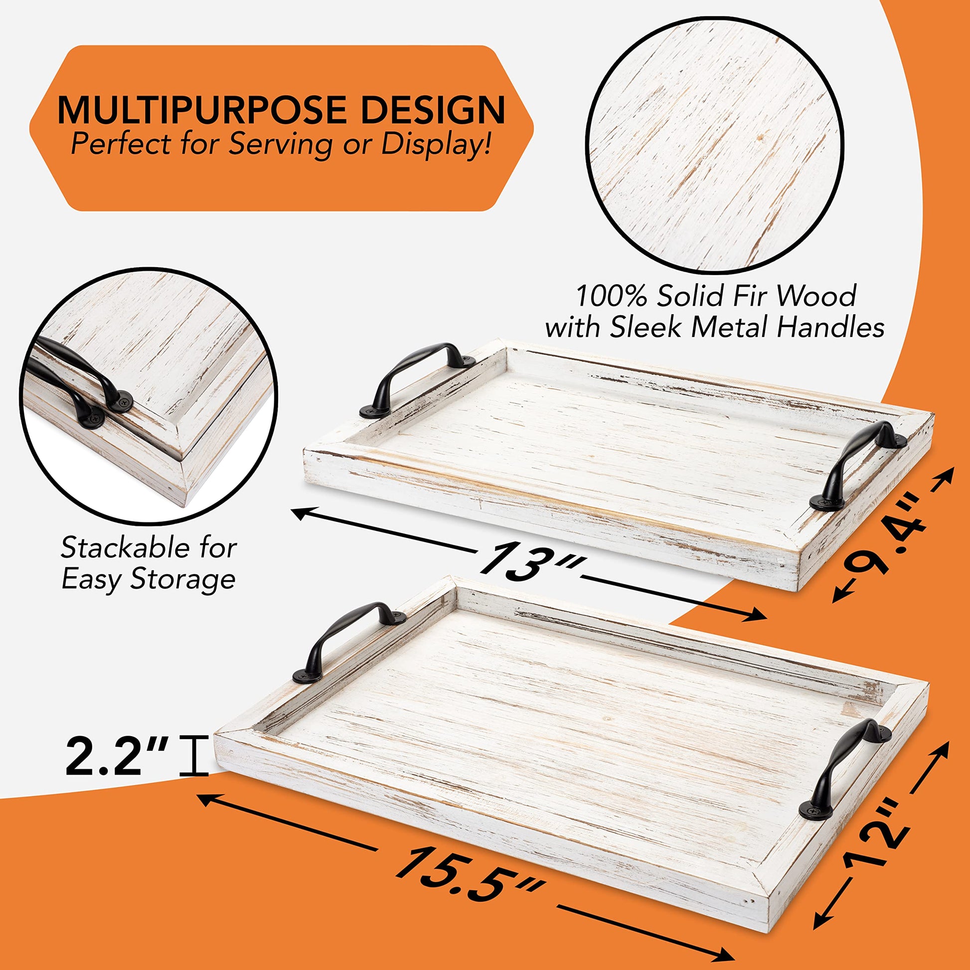 Rustic Serving Tray with Handles - 2 Nesting Trays for Serving Food - Wooden Tray for Decor, Coffee Table & Ottoman - Large Serving Tray with - WoodArtSupply