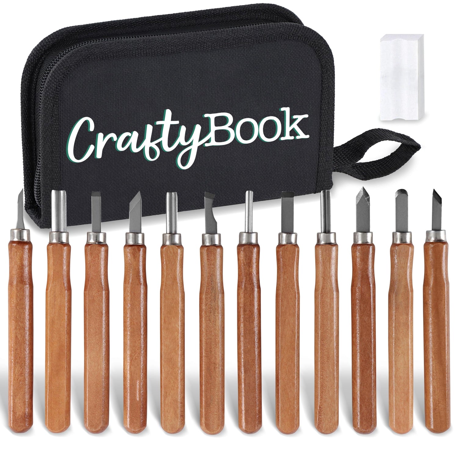 CraftyBook Wood Carving Kit - 12 Wood Carving Tools with Sharpening Whetstone and Pouch - For Expert or Novice Carvers CraftyBook