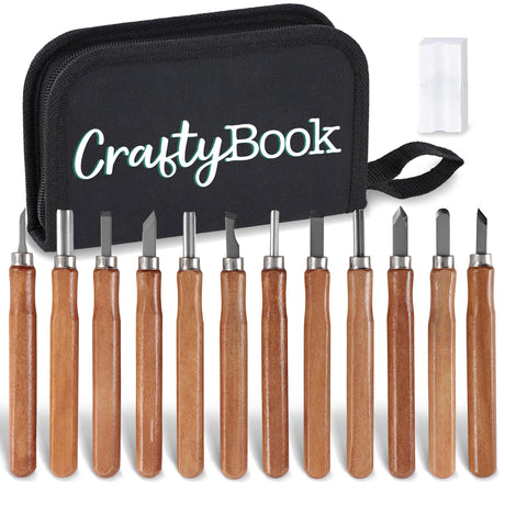 CraftyBook Wood Carving Kit - 12 Wood Carving Tools with Sharpening Whetstone and Pouch - For Expert or Novice Carvers CraftyBook