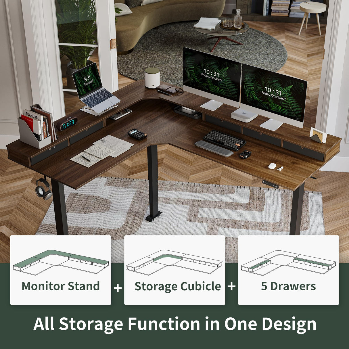 FEZIBO Triple Motor 75" L Shaped Standing Desk with 5 Drawers, Reversible Electric Standing Gaming Desk Adjustable Height, Corner Stand up Desk with FEZIBO