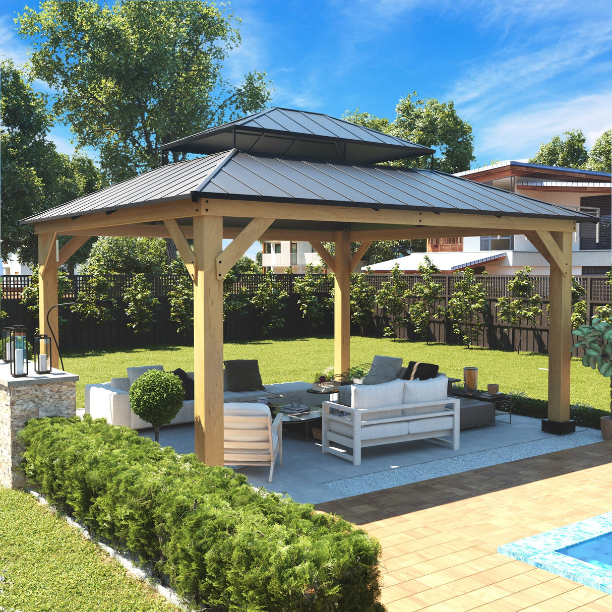 Joyside Wood Gazebo with Mosquito Netting 13 x 11 ft. Wood Patio Gazebo - Cedar Wood Framed Gazebo with Steel Frame Gable Roof Hardtop Gazebo for Joyside