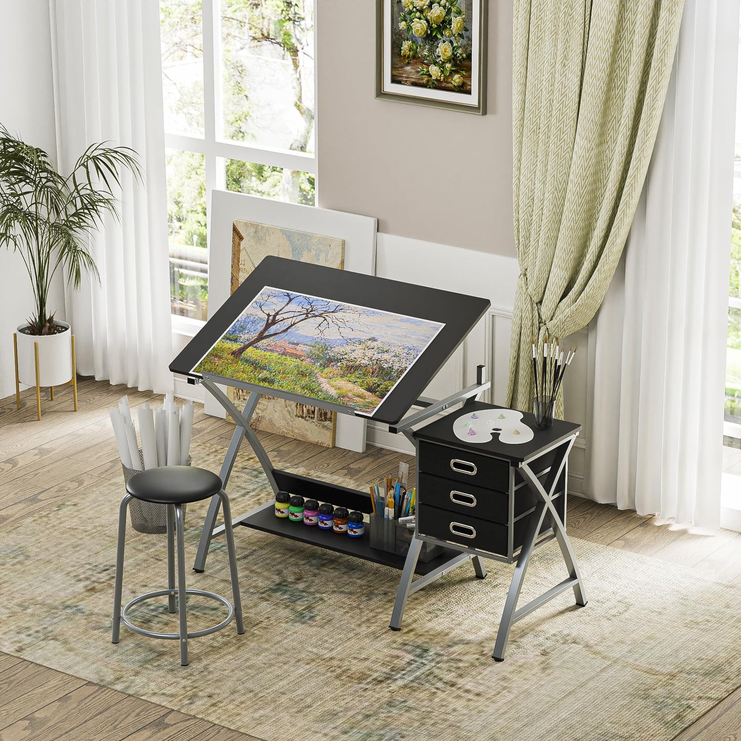 ZENY Drafting Table and Stool Set Tabletop Tilted Drawing Table Drafting Desk w/Drawers Artists Workstation, Art Craft Supplies ZENY