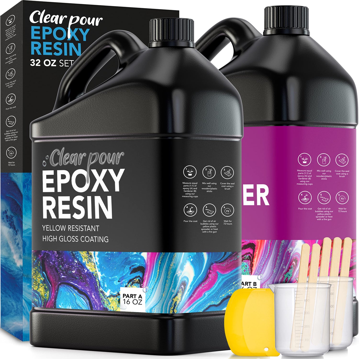 Clear Pour 32oz Epoxy Resin Kit - Premium Crystal Clear Epoxy Resin Kit - Art Resin, Craft, Jewelry Casting, DIY, Tumblers, Wood & Resin Molds Clear Pour