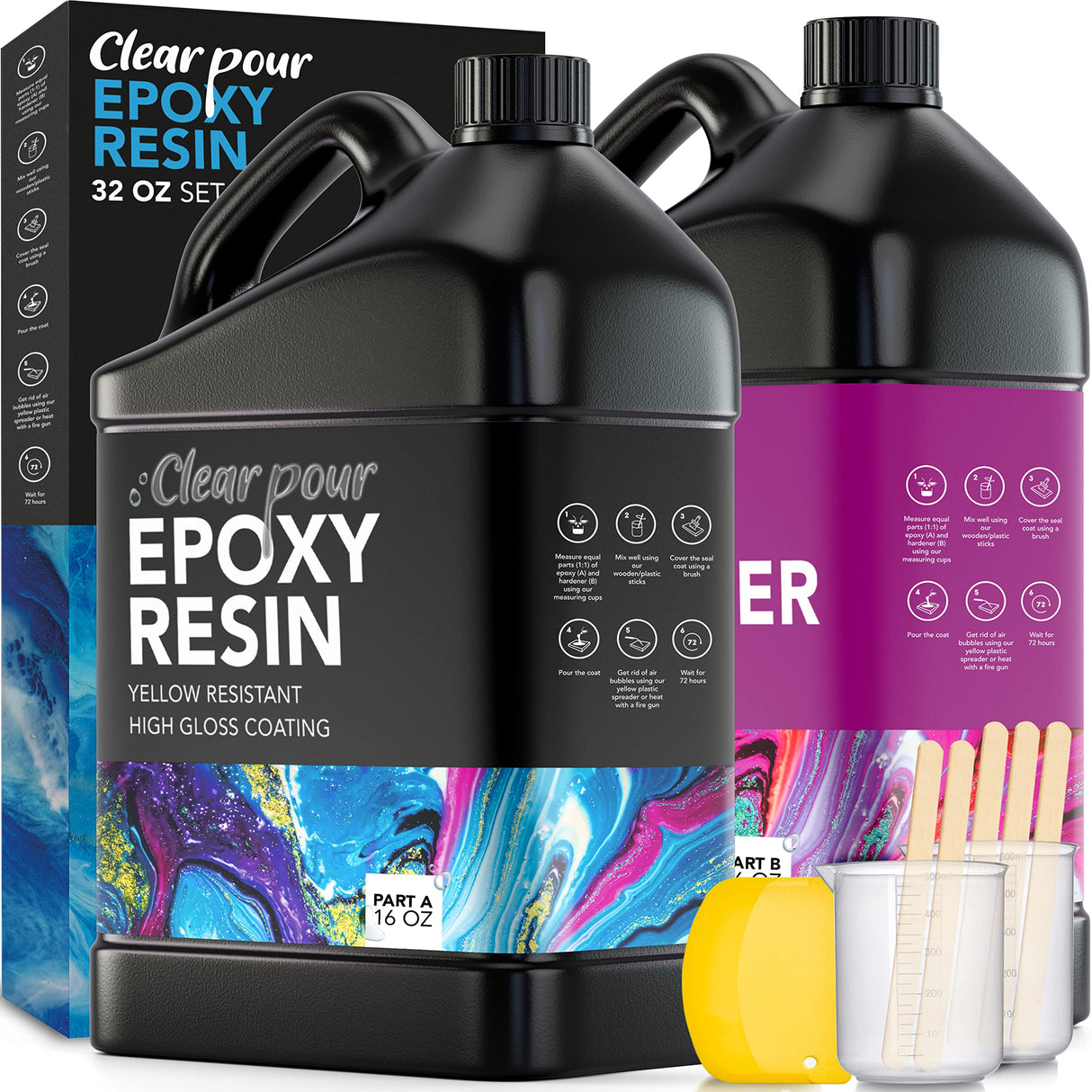 Clear Pour 32oz Epoxy Resin Kit - Premium Crystal Clear Epoxy Resin Kit - Art Resin, Craft, Jewelry Casting, DIY, Tumblers, Wood & Resin Molds Clear Pour