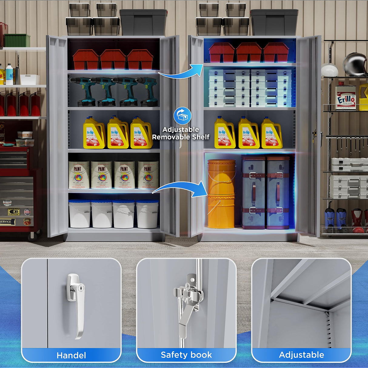 Greenvelly Metal Storage Cabinet, 72” Tall Locking Steel Storage Cabinet with 2 Doors and 4 Adjustable Shelves, Metal File Cabinet for Home Office, Greenvelly
