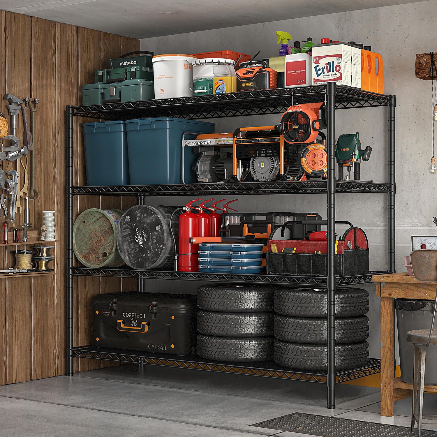 REIBII 55.5''W Storage Shelves 2500LBS Wire Shelving Rack with Wheels 75.6" H Heavy Duty Shelving Unit Adjustable Metal Shelves for Storage Rack REIBII