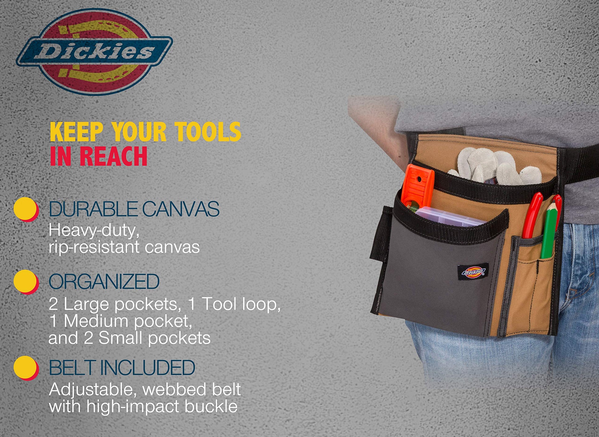 Dickies 5-Pocket Single Side Tool Belt Pouch/Work Apron for Carpenters and Builders, Durable Canvas Construction, Adjustable Belt for Custom Fit, - WoodArtSupply