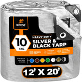 Heavy Duty Poly Tarp - 12' x 20' - 10 Mil Thick Waterproof, UV Blocking Protective Cover - Reversible Silver and Black - Laminated Coating - Grommets Xpose Safety