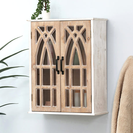 LuxenHome Double Door Wood Mounted Wall Cabinet, Farmhouse Wood Wall Storage, Kitchen Wall Cabinet with Shelves Inside, 20 Inch, Disdressed White LuxenHöme