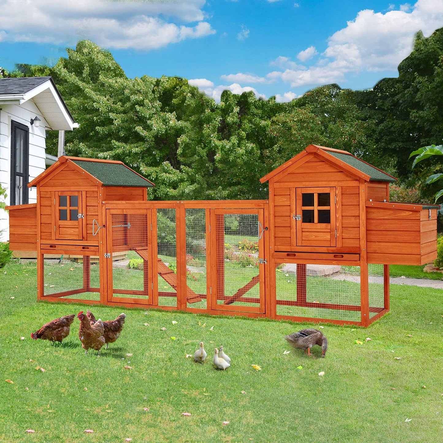 Esright 144” Large Wooden Chicken Coop, Outdoor Hens House with Ramps and Nesting Boxes - WoodArtSupply