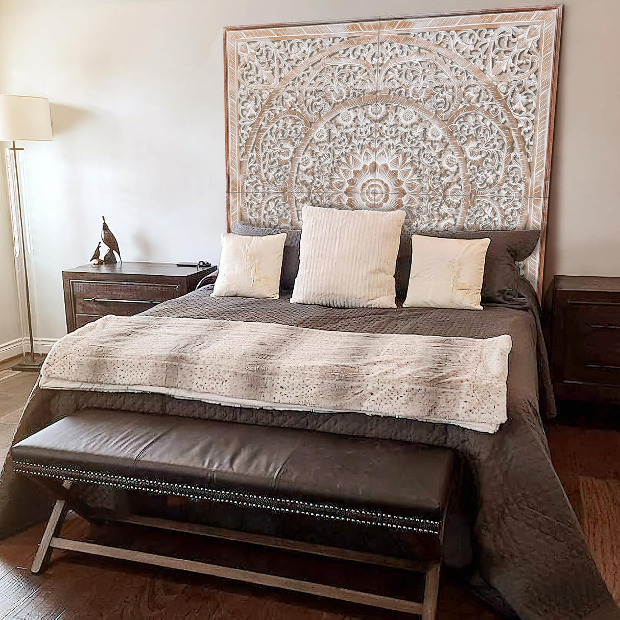 Queen Wood Headboard Rustic | Carved Full Headboard Only | Wooden Headboard Full Size Bed | Wall Mount Headboard Queen | Full Bed Headboard Panels KultureDeco