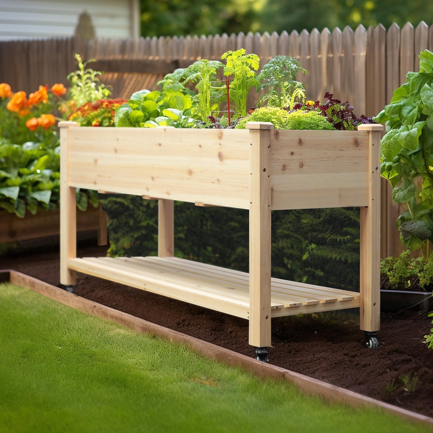 VEIKOU Raised Garden Bed, Planter Box on Wheels with Storage Shelf, Raised Garden Bed with Legs for Patio Backyard, Patio, Balcony, Natural Wood