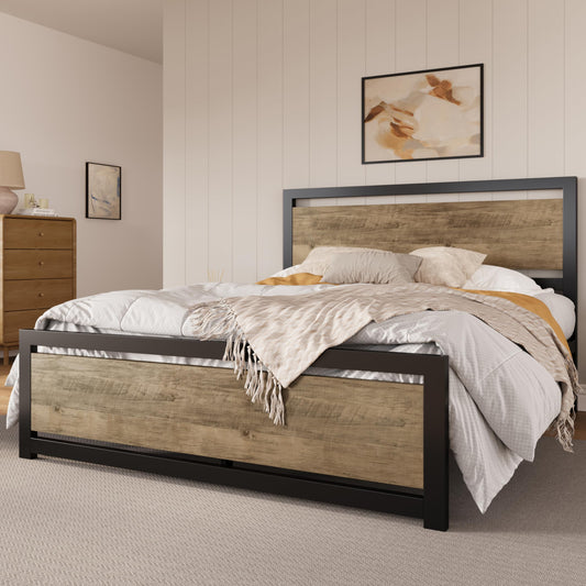 SHA CERLIN Queen Size Metal Platform Bed Frame with Wooden Headboard and Heavy Duty Support - WoodArtSupply