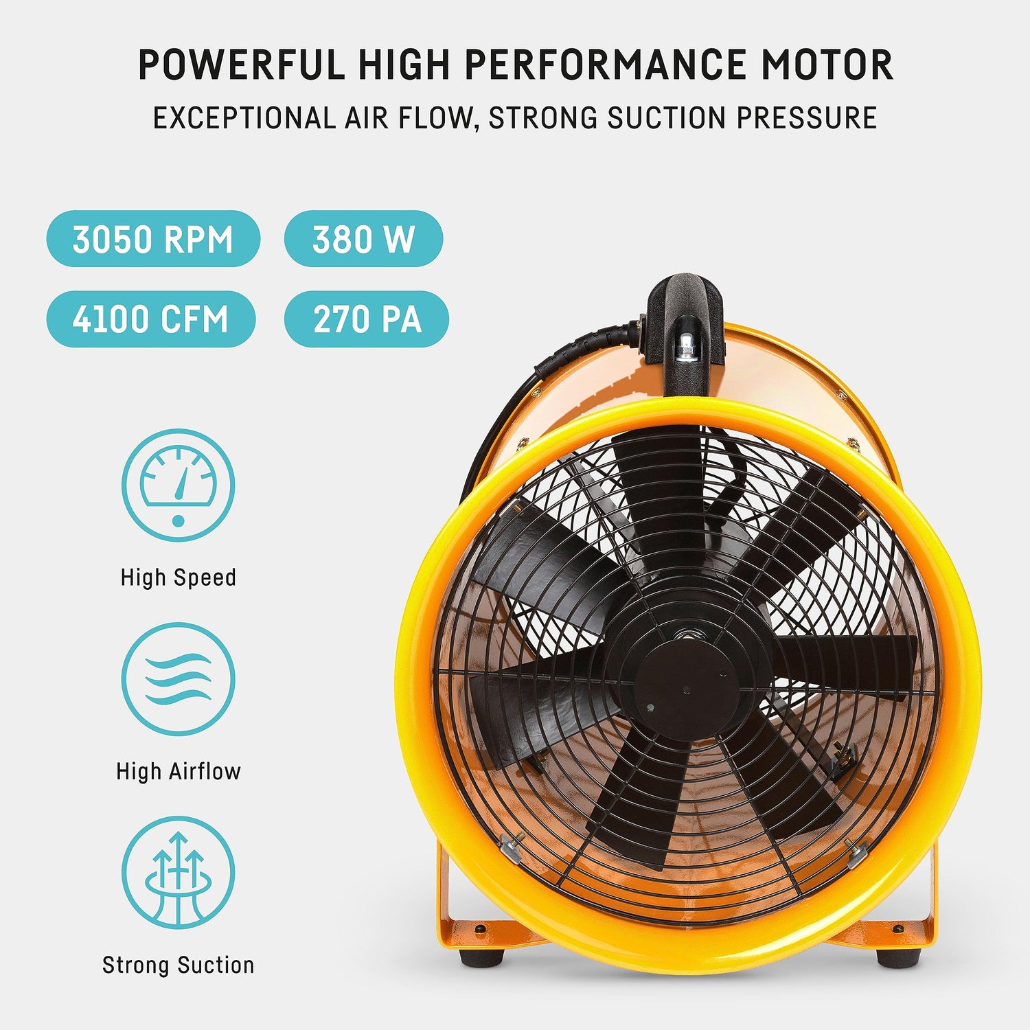 neverest Portable Blower Exhaust Fan 12 inch Strong Shop Ventilation Fan 4100 CFM 3050 RPM, 380 W, Construction Fan With Hose, Industrial Air Blower neverest