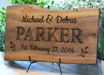 Personalized Cutting Board Wedding Gift Elegant Walnut Polished Live Edge Wood Display Custom Engraved Rustic Unique Anniversary Bride Groom Newlywed - WoodArtSupply