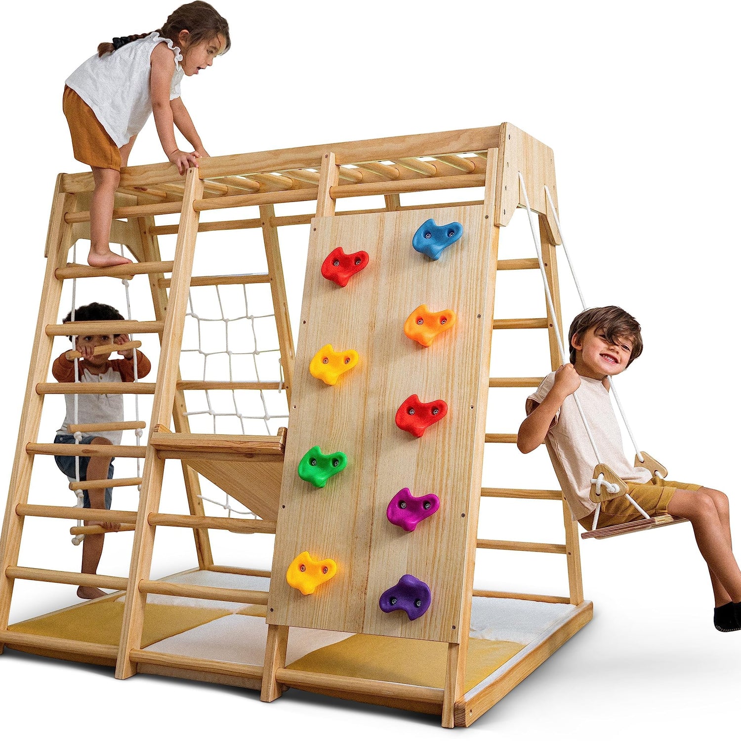 Avenlur Magnolia Indoor Playground 6-in-1 Jungle Gym Montessori Waldorf Style Wooden Climber Playset Slide, Rock Climbing Wall, Rope Wall Climber, Avenlur