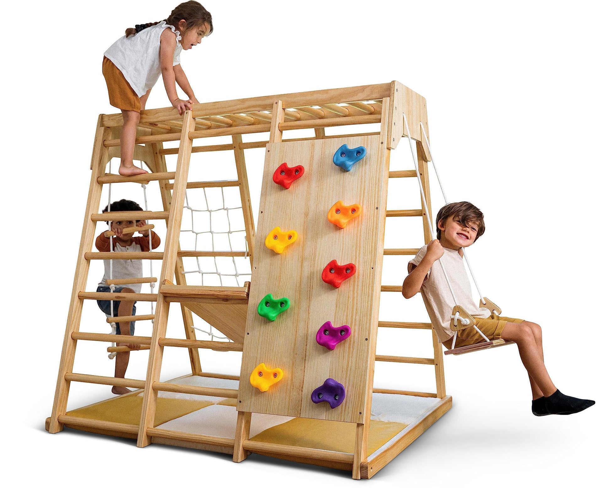 Avenlur Magnolia Indoor Playground 6-in-1 Jungle Gym Montessori Waldorf Style Wooden Climber Playset Slide, Rock Climbing Wall, Rope Wall Climber, - WoodArtSupply