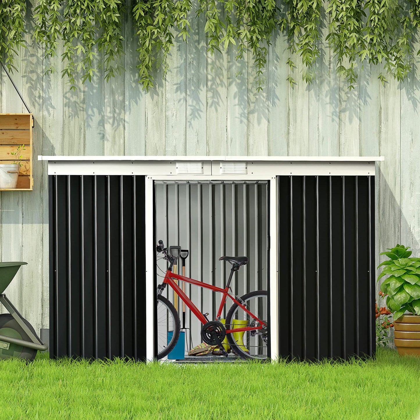 Outsunny 9' x 4' Outdoor Storage Shed, Galvanized Metal Utility Garden Tool House, 2 Vents and Lockable Door for Backyard, Bike, Patio, Garage, Lawn,