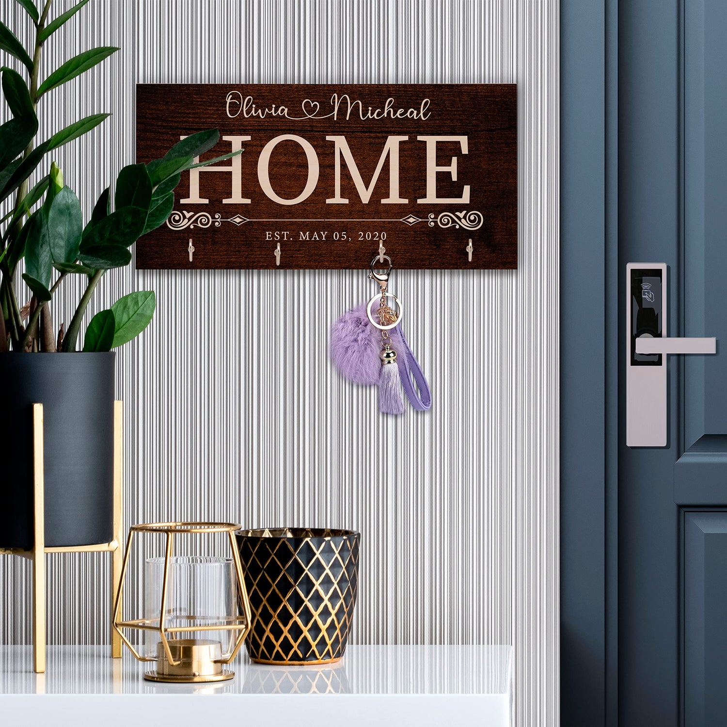 Zexpa Apparel Personalized Wood Key Hook for Couple Mr Mrs Customized Wooden Wall Key Rack, Custom Wedding Date Zexpa Apparel