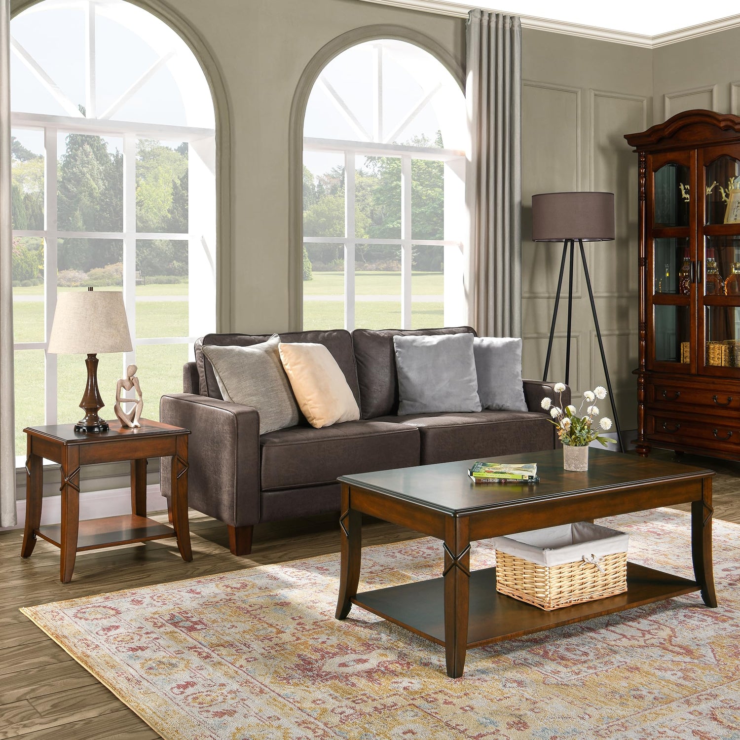 UMARTY Rectangle 43" Solid Wood Coffee Table, Handmade Crafts Living Room Furniture, Mid-Century Modern Coffee Table with Storage Shelf, Cherry UMARTY