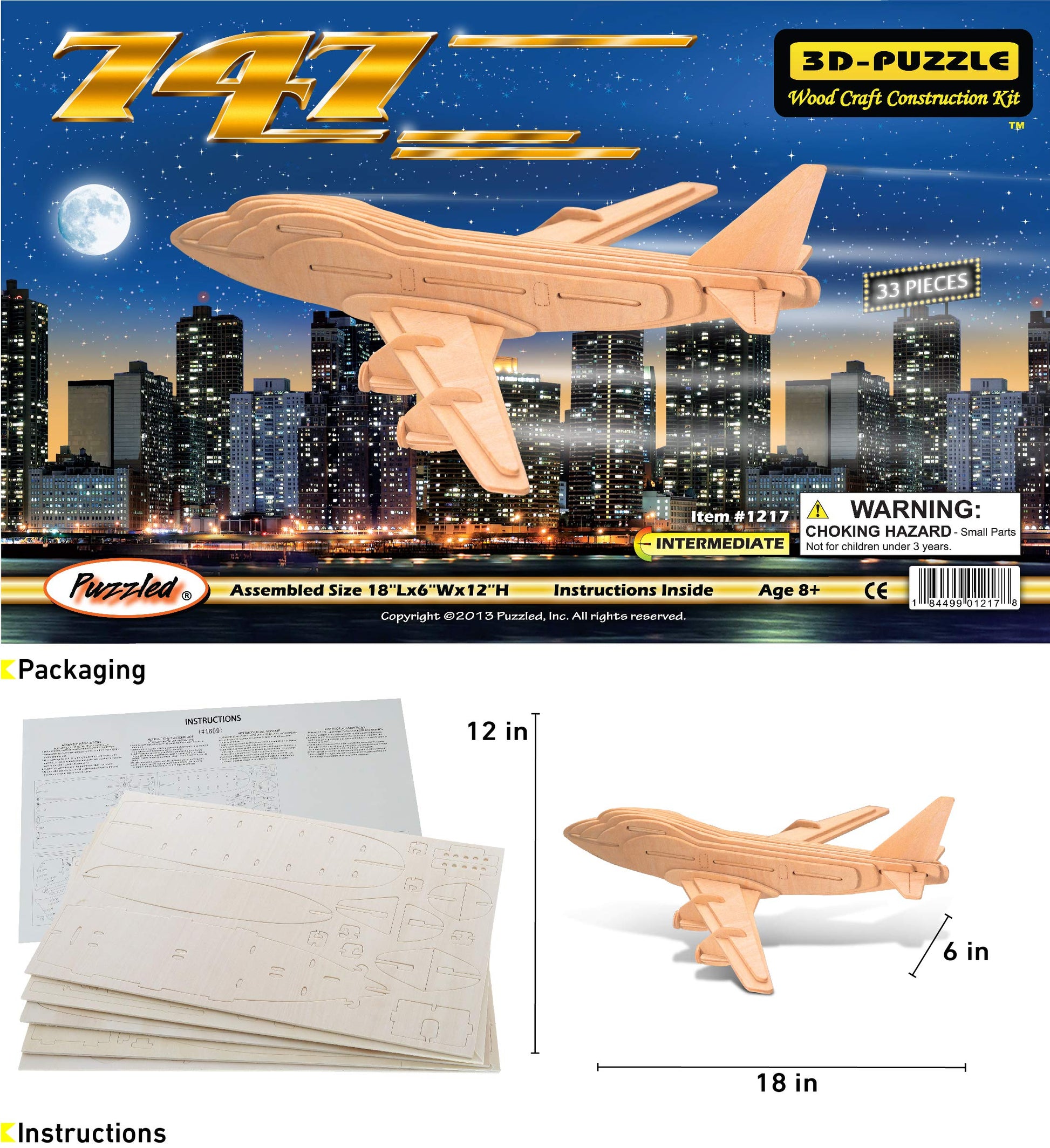 Puzzled 747 Jet Plane 3D Puzzle Wood Craft Construction Kit Aircraft, Fun & Educational DIY Wooden Toy Assemble Model Unfinished Craft Hobby Airplane - WoodArtSupply