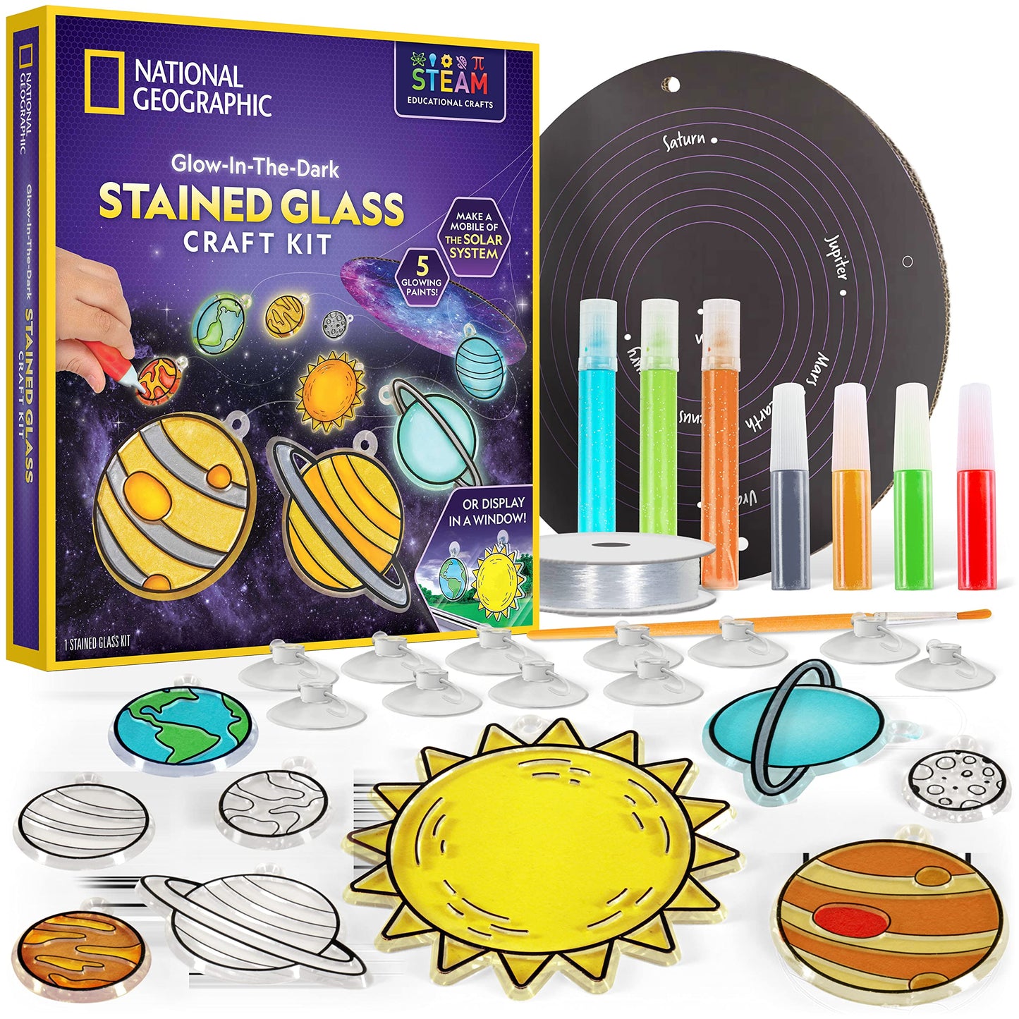 NATIONAL GEOGRAPHIC Kids Window Art Kit - Stained Glass Solar System Arts & Crafts Kit with Glow in The Dark Planets, Use as Window Suncatchers, - WoodArtSupply